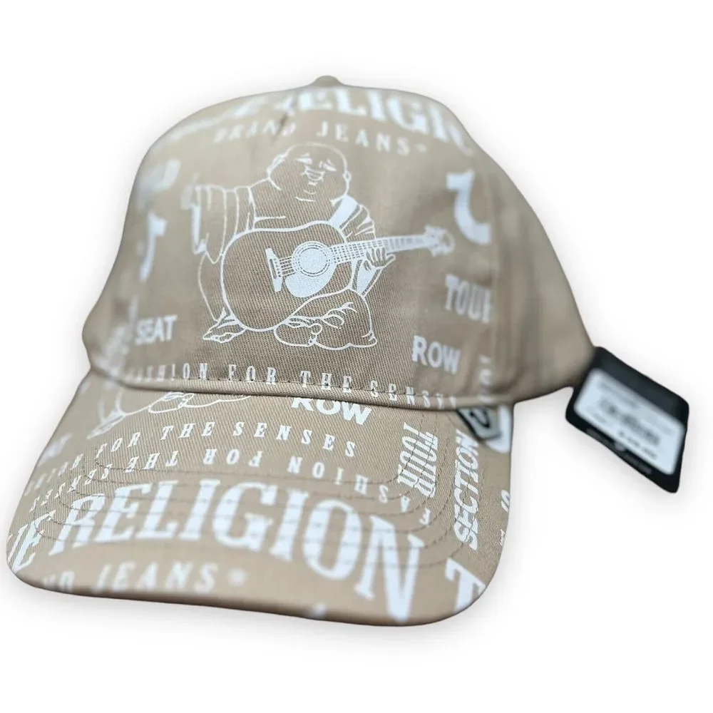 True Religion Buddha Trucker Hat Tan‎ All Over Print Cap Logo Snapback